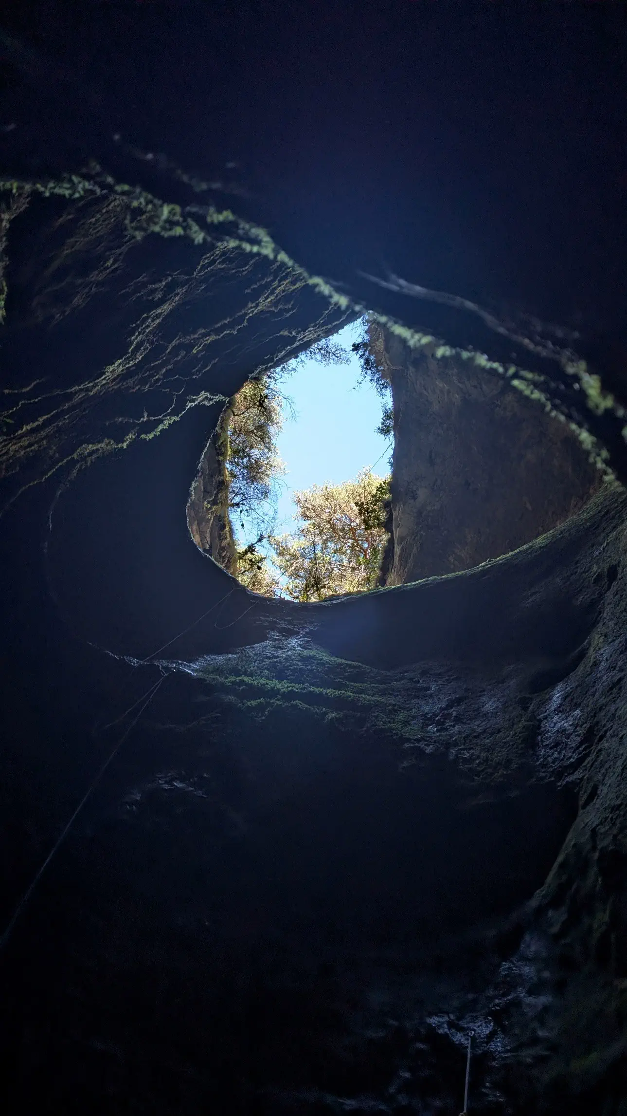 Vue du fond d’un puits vers le ciel : l’ouverture laisse voir des arbres et le ciel bleu, une corde descend le long de la paroi.